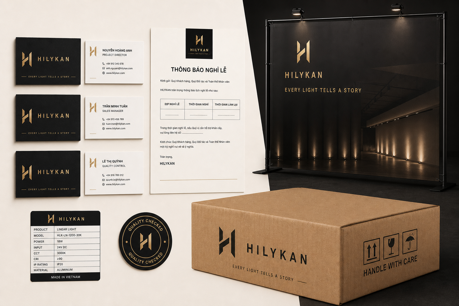 Mockup namecard, thông báo, backdrop, tem và thùng carton Hilykan
